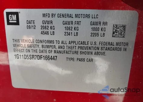 2013 Chevrolet Malibu Eco из США, поврежденный, VIN 1G11D5SR7DF166447